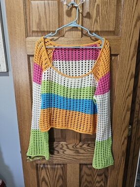 Colorblock Crocheted Open-Knit Top in Pink, White, Green, Blue & Orange